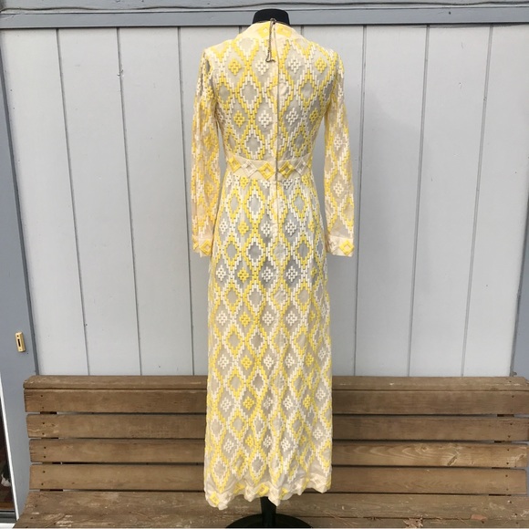Vintage 60s Embroidered Jerry Marsch Yellow Chiffon Maxi Dress - Picture 12 of 15